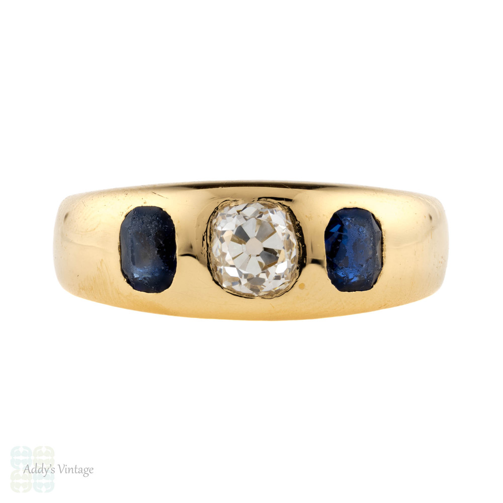 Antique 18ct 18k Gypsy Ring, 0.52ct Old Mine Cut Sapphire & 0.60ctw ...