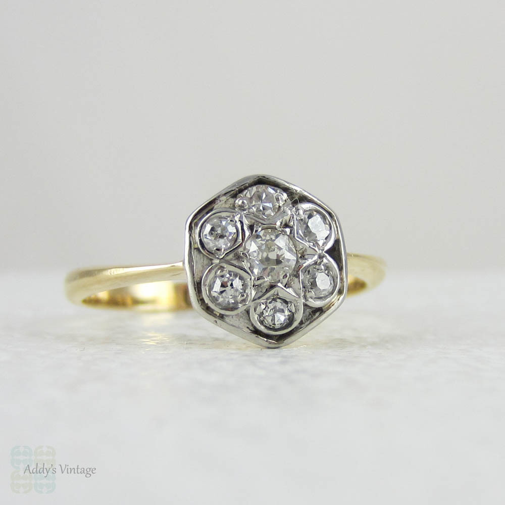 Art Deco Diamond Daisy Engagement Ring. Hexagonal Shaped Frame