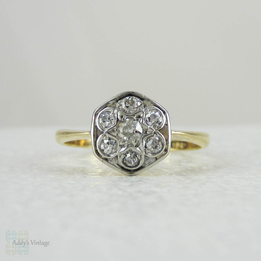 Art Deco Diamond Daisy Engagement Ring. Hexagonal Shaped Frame