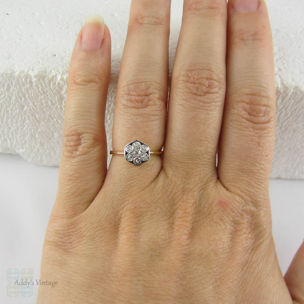 Art Deco Diamond Daisy Engagement Ring. Hexagonal Shaped Frame