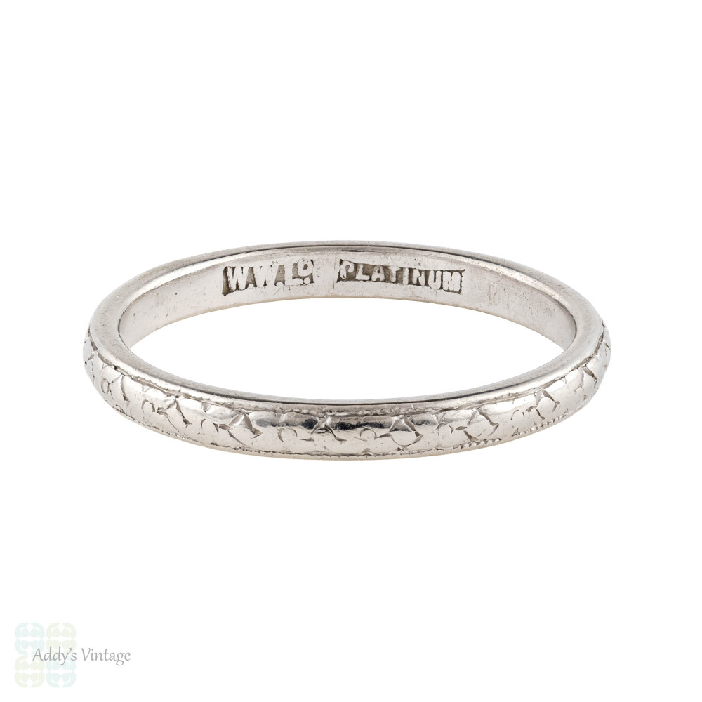 Art Deco Engraved Platinum Wedding Ring, Orange Blossom Flowers Ladies Band. Size I.5 / 4.75. 