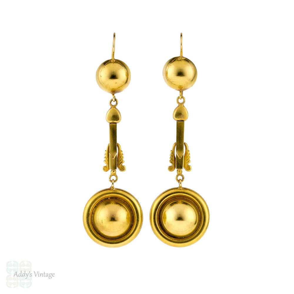 Victorian 9ct Gold Dangle Earrings, 1890s Long 9ct Antique Articulated Sphere & Arrow Drops.