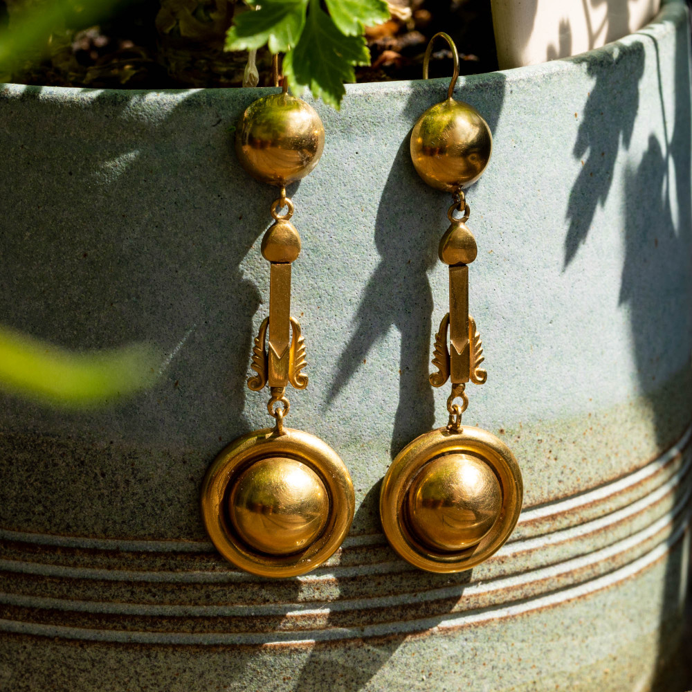 Victorian 9ct Gold Dangle Earrings, 1890s Long 9ct Antique Articulated Sphere & Arrow Drops.