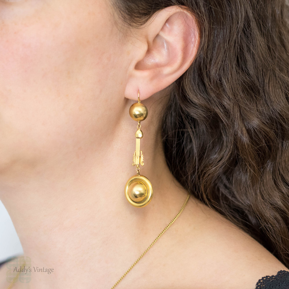 Victorian 9ct Gold Dangle Earrings, 1890s Long 9ct Antique