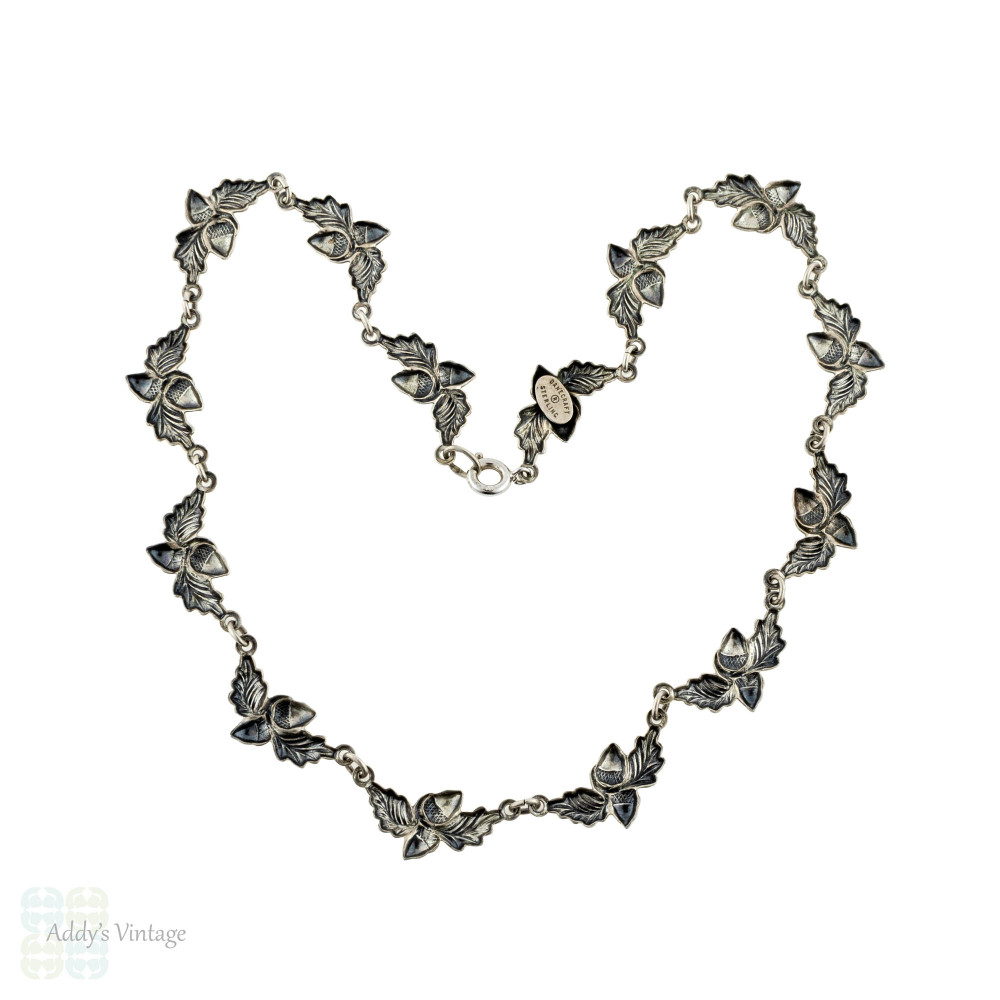 Danecraft Oak Leaf & Acorn Necklace, Vintage Mid 20th Century Sterling Silver Choker.