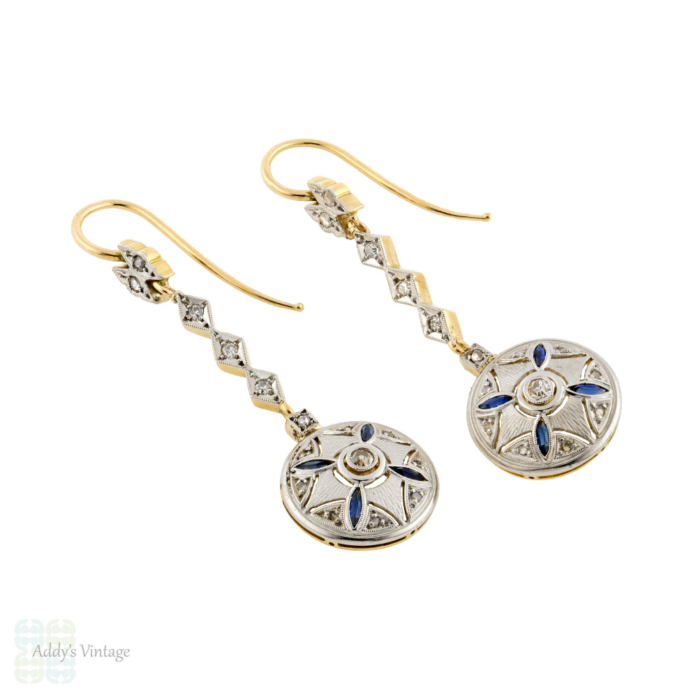 Antique Diamond Drop Earrings, Edwardian Old Cut Engraved Foliate Dangles. 18ct Yellow Gold & Platinum.