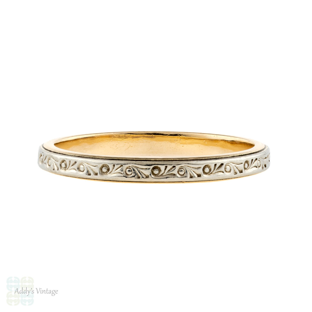 Engraved 14k Two-Tone Wedding Ring by ArtCarved, Narrow Ladies 1940s Band. Size M.5 / 6.5.