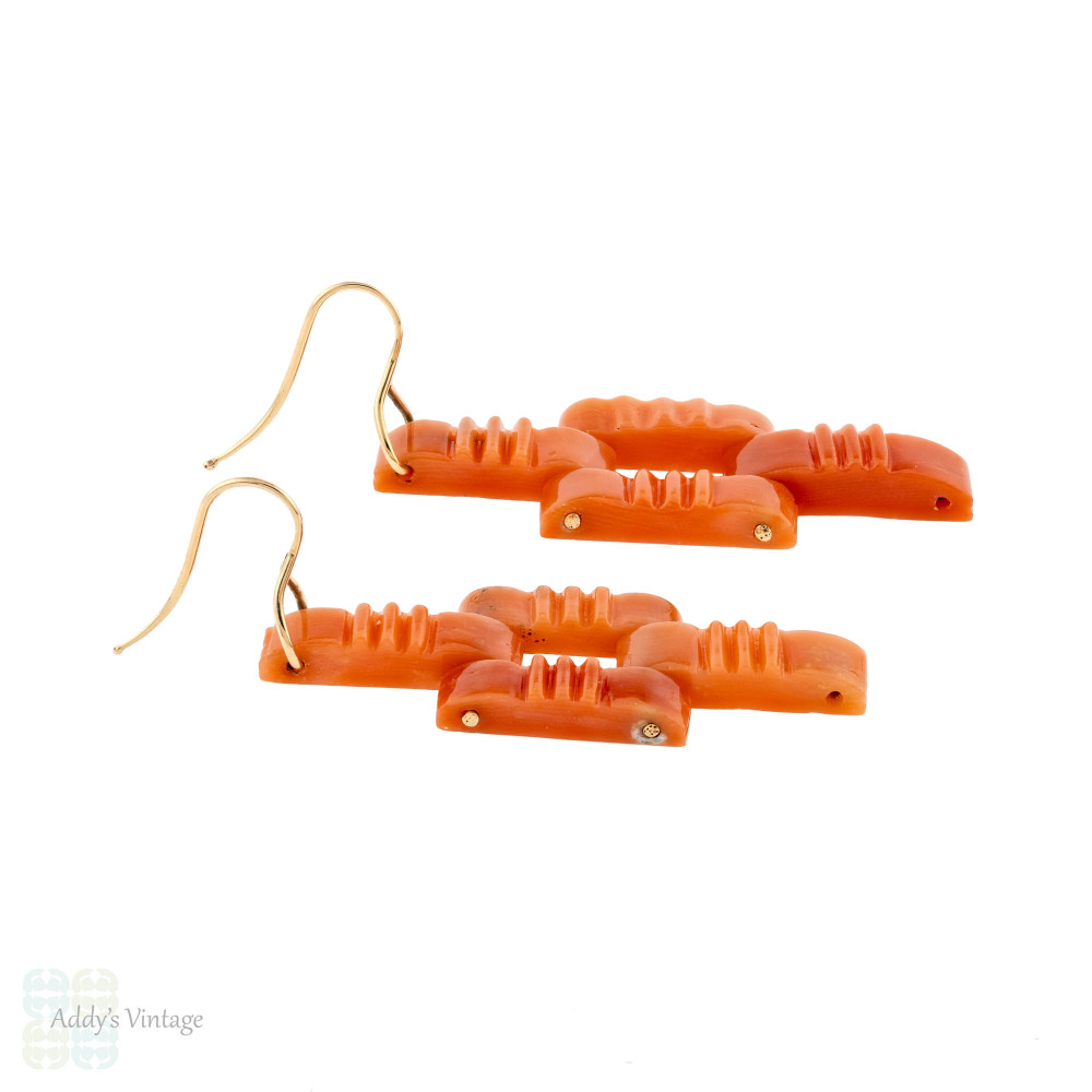 Coral 9ct Yellow Gold Earrings, Victorian Bricks Recycled in 9k Dangles.