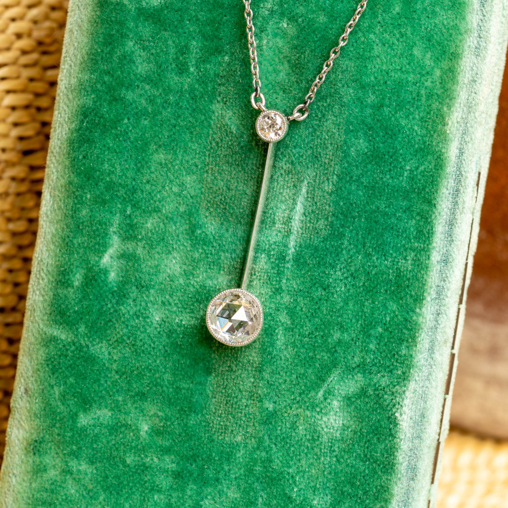 Rose Cut Diamond Pendant, Antique Edwardian Platinum Necklace.