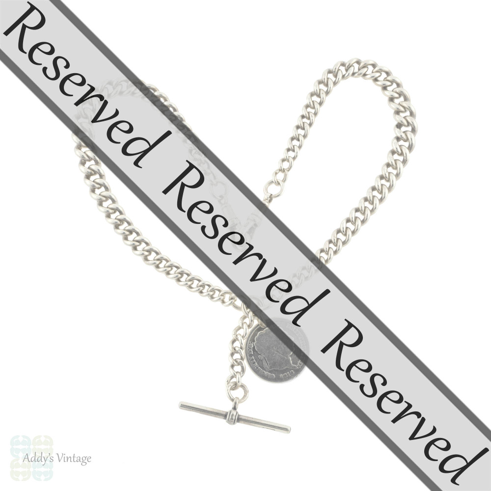 RESERVED Victorian Sterling Silver Albert Chain, Antique Necklace with Dog Clips, T-Bar & 1816 Shilling Coin.