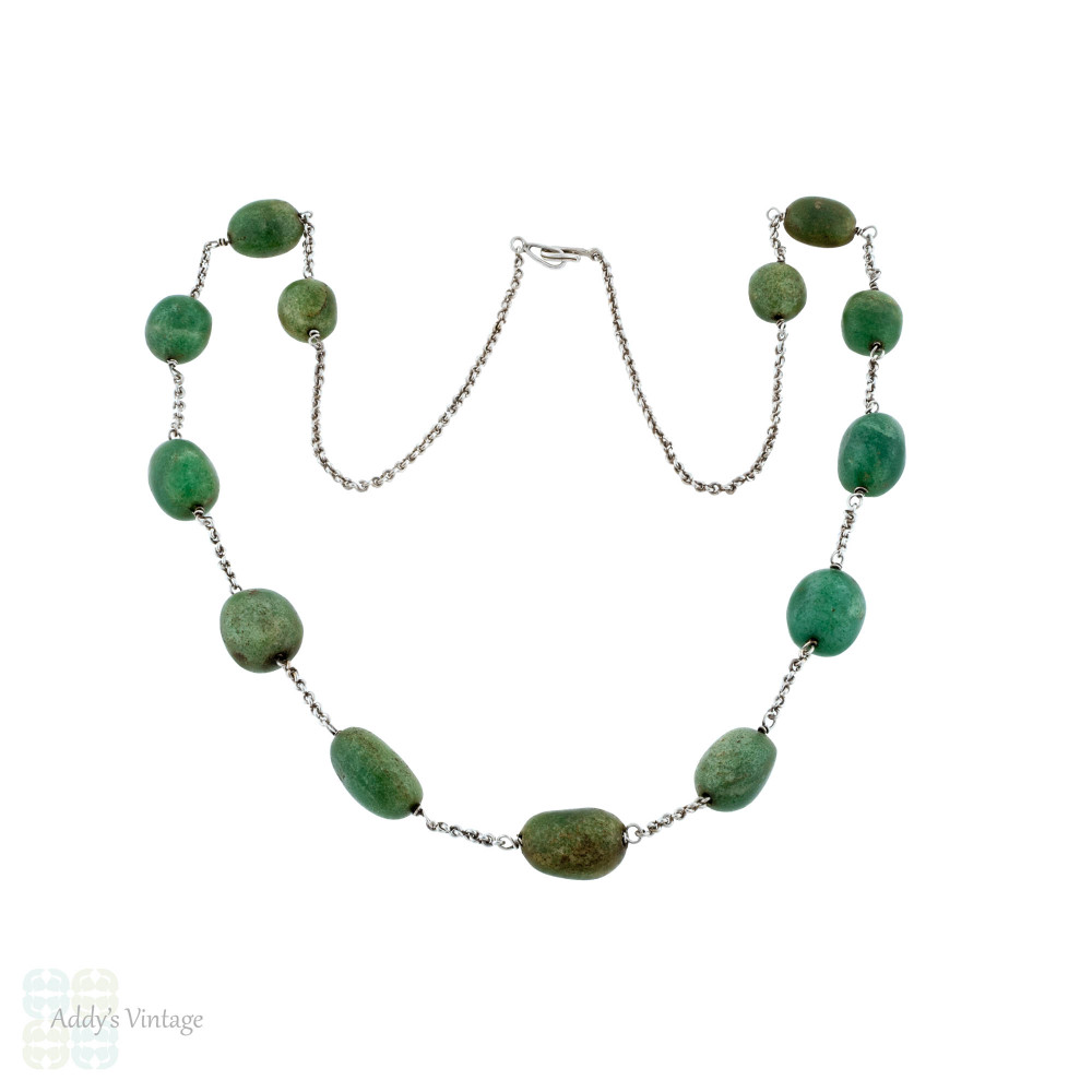 Antique Green Aventurine Gemstone Necklace.  Long Graduated Sterling Silver Chain, Circa 1910s.