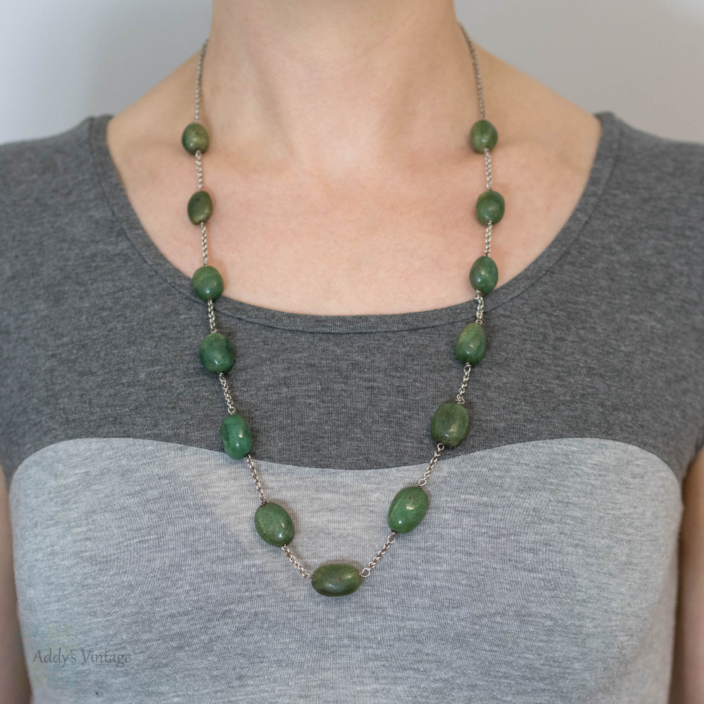 Antique Green Aventurine Gemstone Necklace.  Long Graduated Sterling Silver Chain, Circa 1910s.