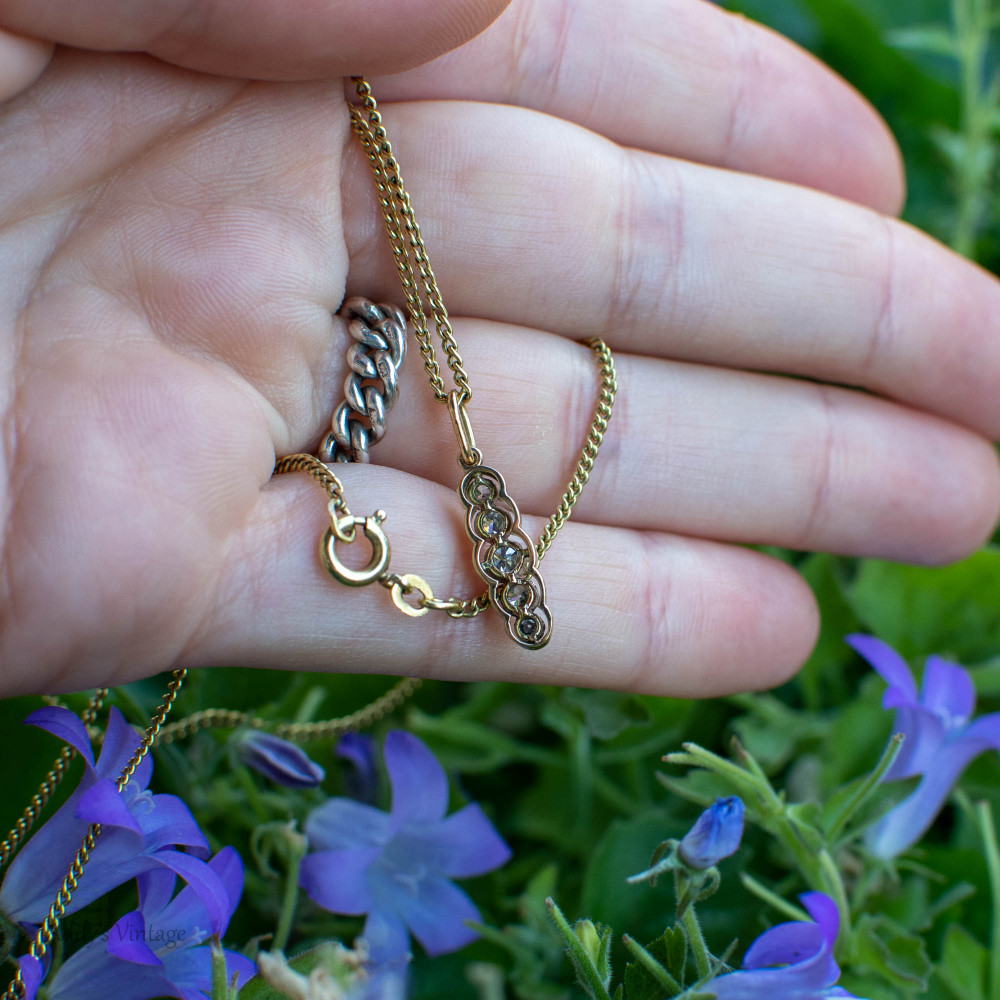 RESERVED Old European Cut Diamond Pendant, 5 Stone Graduated Line Drop Necklace 18ct Gold & Platinum.