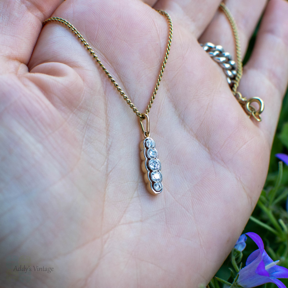 RESERVED Old European Cut Diamond Pendant, 5 Stone Graduated Line Drop Necklace 18ct Gold & Platinum.