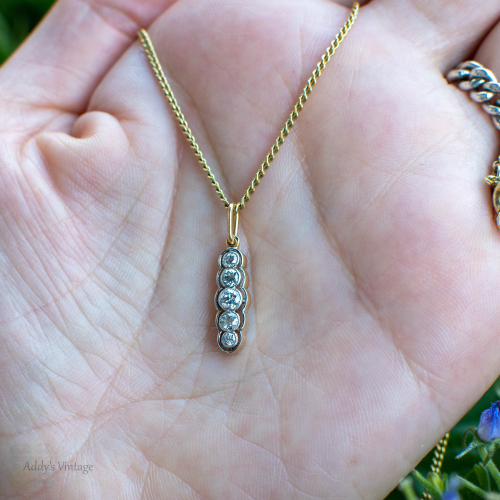 RESERVED Old European Cut Diamond Pendant, 5 Stone Graduated Line Drop Necklace 18ct Gold & Platinum.