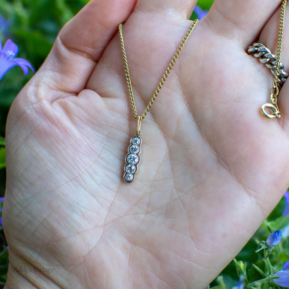 RESERVED Old European Cut Diamond Pendant, 5 Stone Graduated Line Drop Necklace 18ct Gold & Platinum.