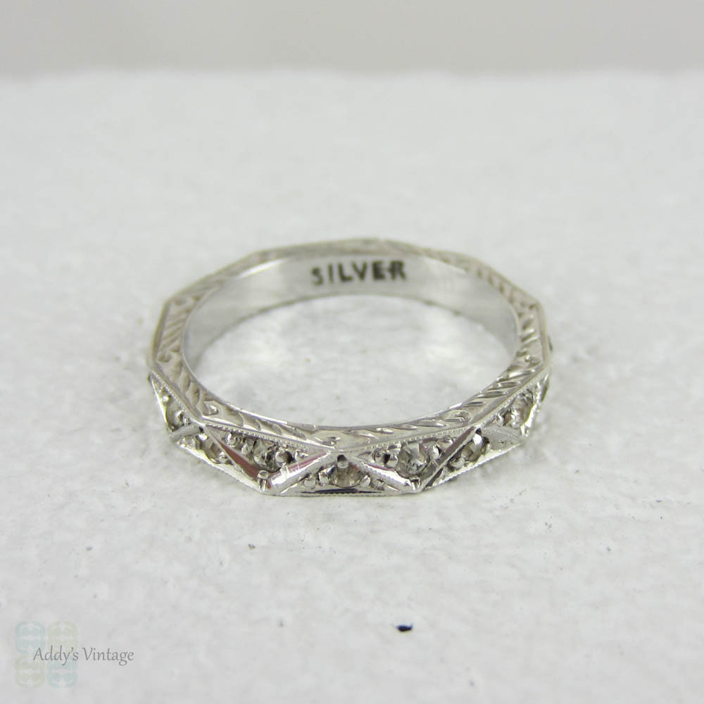 Art Deco Engraved Paste Eternity Ring in Sterling Silver, Faceted Design with Ornate Engraving & Miligrain Beading.