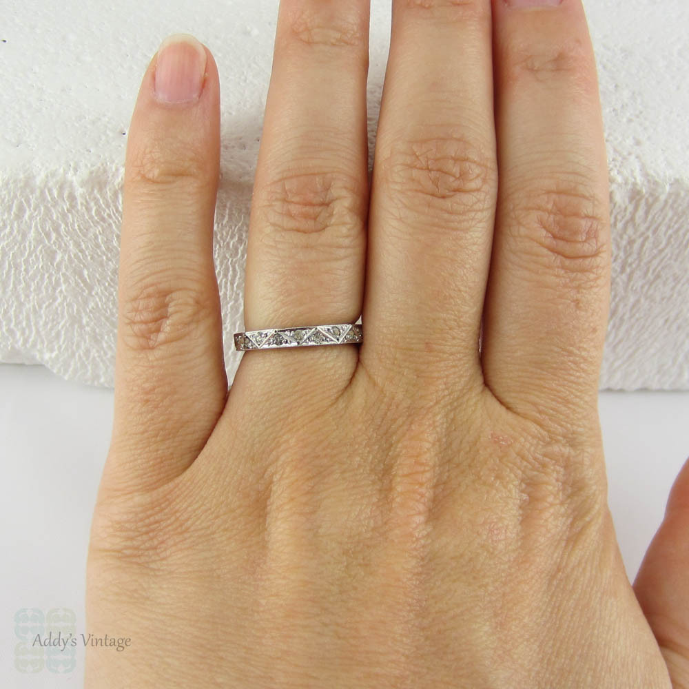 Art Deco Engraved Paste Eternity Ring in Sterling Silver, Faceted Design with Ornate Engraving & Miligrain Beading.