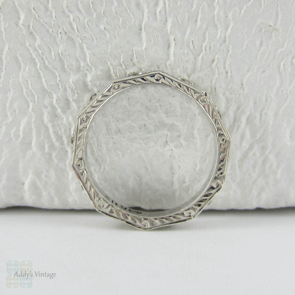 Art Deco Engraved Paste Eternity Ring in Sterling Silver, Faceted Design with Ornate Engraving & Miligrain Beading.
