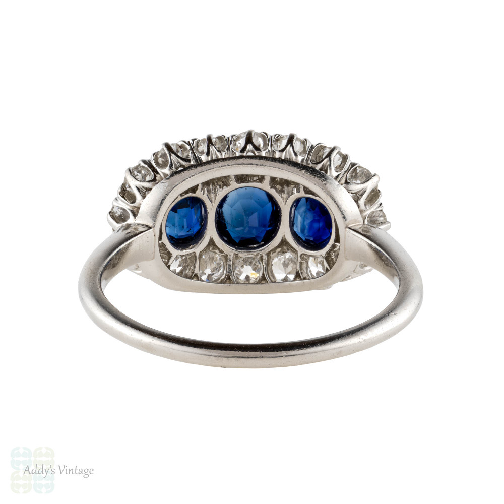 Blue Sapphire & Diamond Halo Panel Ring, Large 1930s Cluster 18ct 18k White Gold.