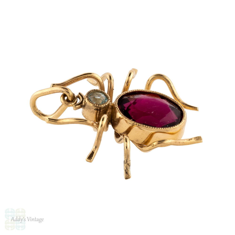 Spider Pendant, Large Antique 9ct Gold Garnet & Aquamarine Paste Bug Charm.
