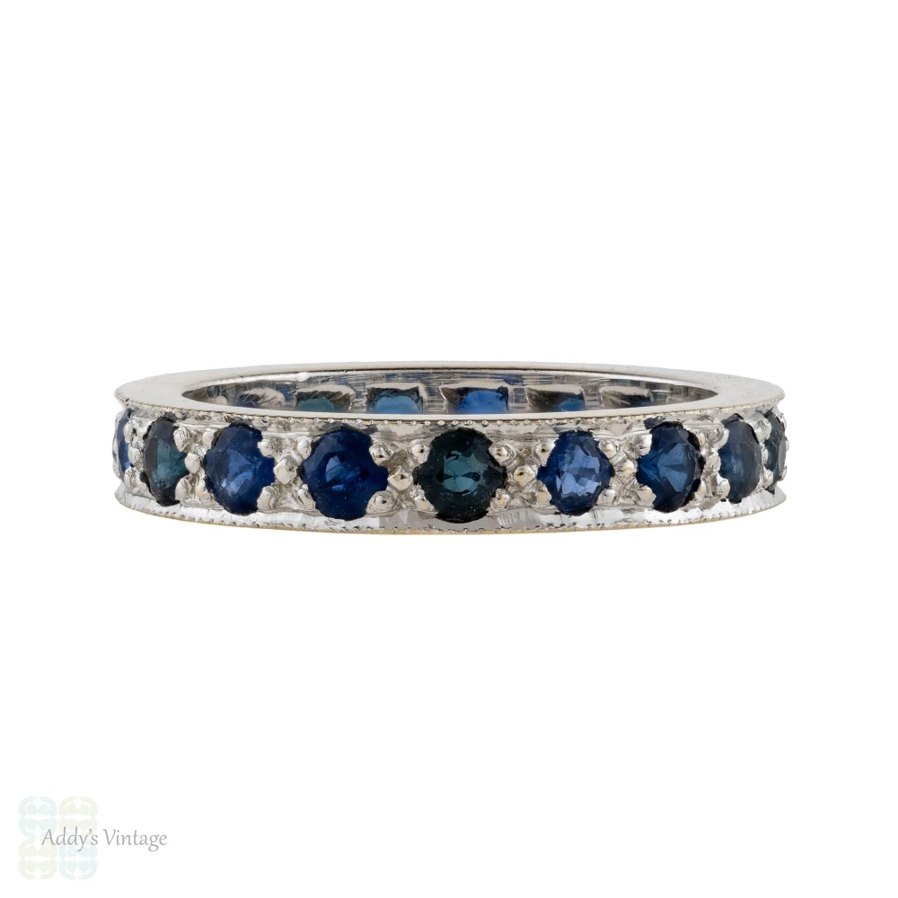 Sapphire 18ct Eternity Ring, Vintage Full Hoop 18k White Gold Wedding Band. Size L.25 / 6.