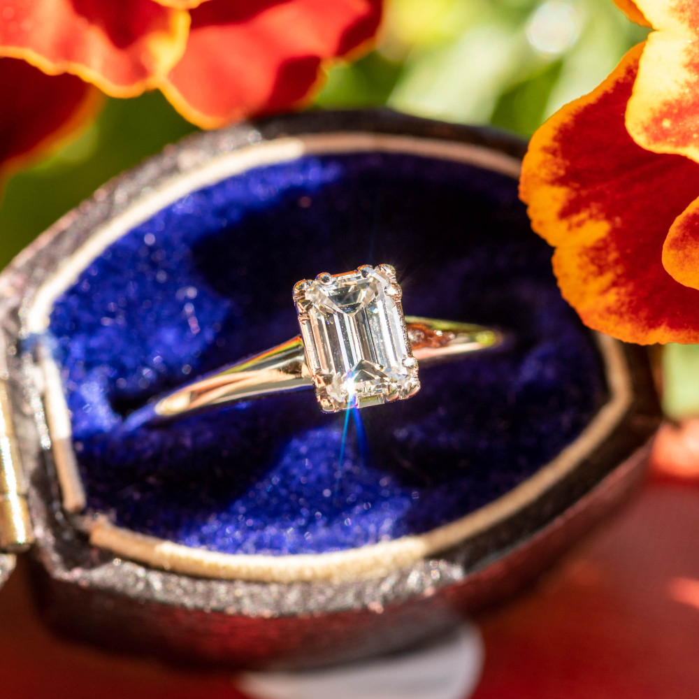 Emerald Cut Diamond 14k Engagement Ring, Vintage Fluted Setting 14ct White Gold Single Stone.