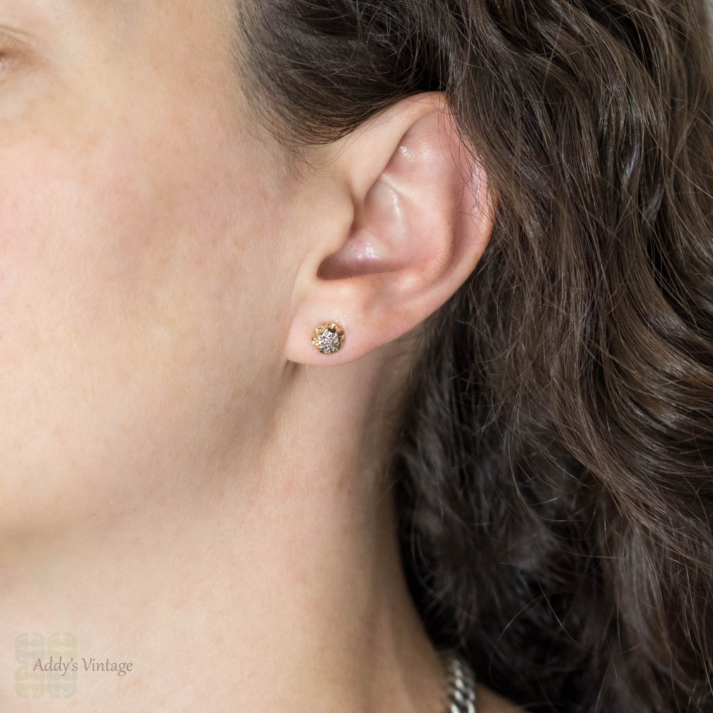 Buttercup Vintage Diamond Earrings, Flower 9ct 9k Yellow Gold 1970s Studs.