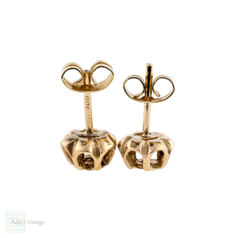 Buttercup Vintage Diamond Earrings, Flower 9ct 9k Yellow Gold 1970s Studs.