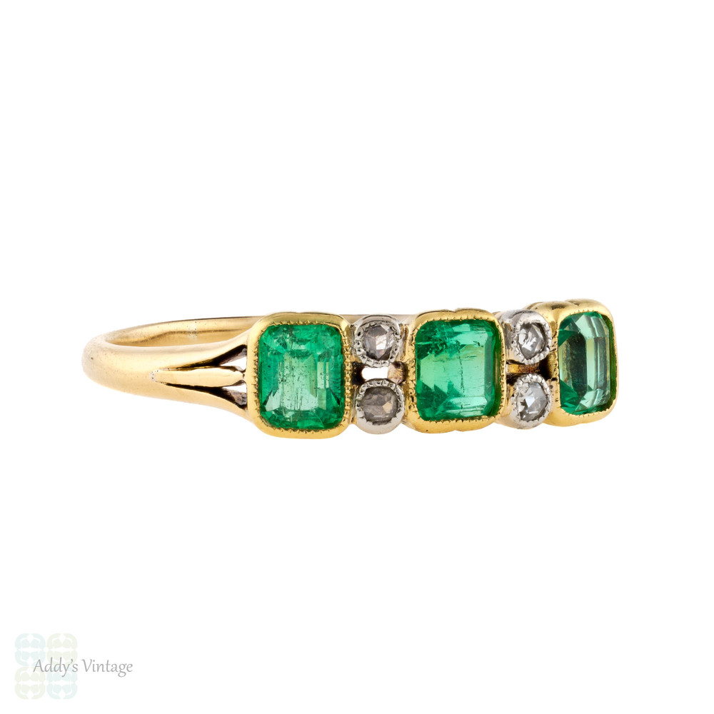 Emerald & Diamond Art Deco Ring, Three Stone Step Cut Half Hoop 18ct Gold Band.