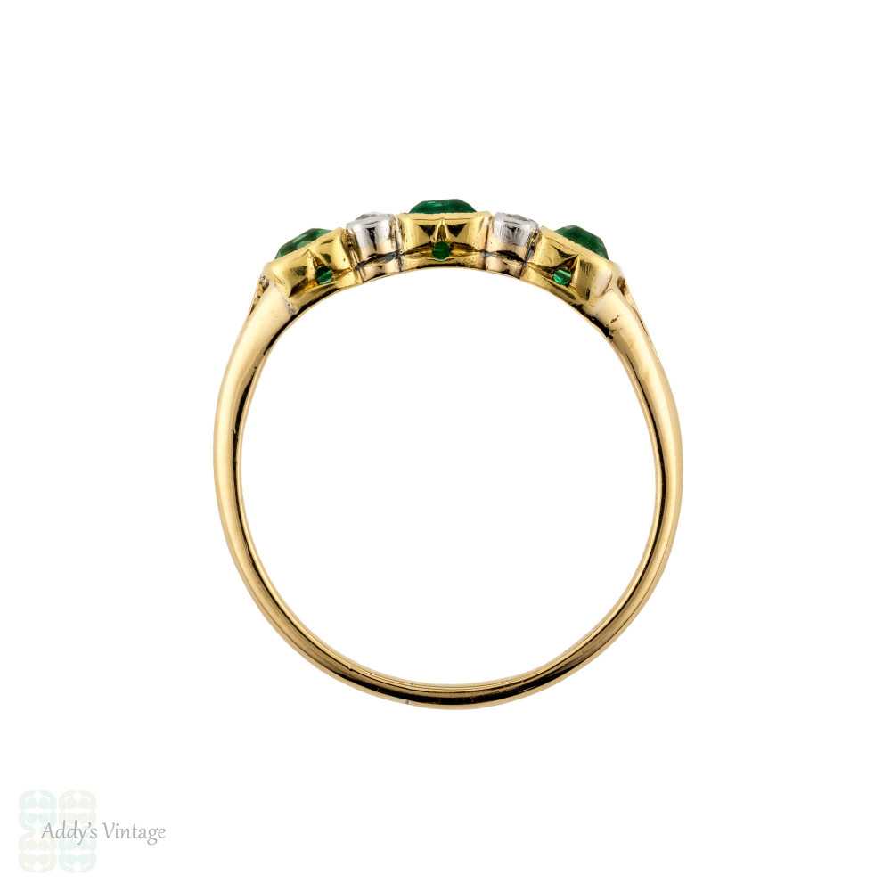 Emerald & Diamond Art Deco Ring, Three Stone Step Cut Half Hoop 18ct Gold Band.