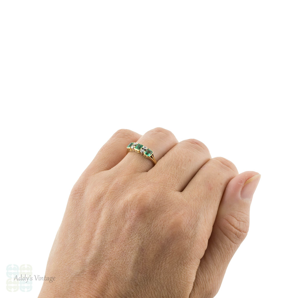 Emerald & Diamond Art Deco Ring, Three Stone Step Cut Half Hoop 18ct Gold Band.
