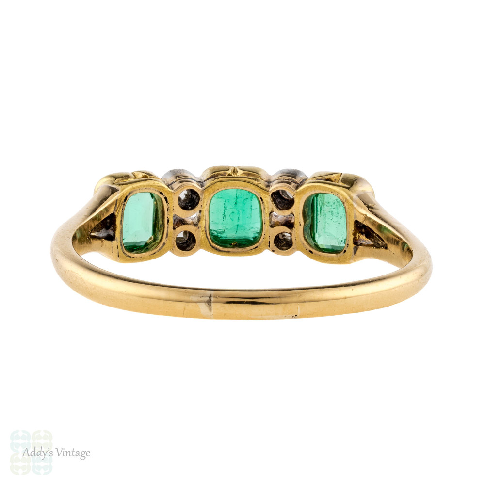 Emerald & Diamond Art Deco Ring, Three Stone Step Cut Half Hoop 18ct Gold Band.