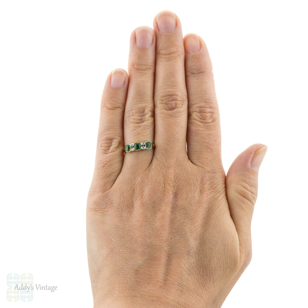 Emerald & Diamond Art Deco Ring, Three Stone Step Cut Half Hoop 18ct Gold Band.