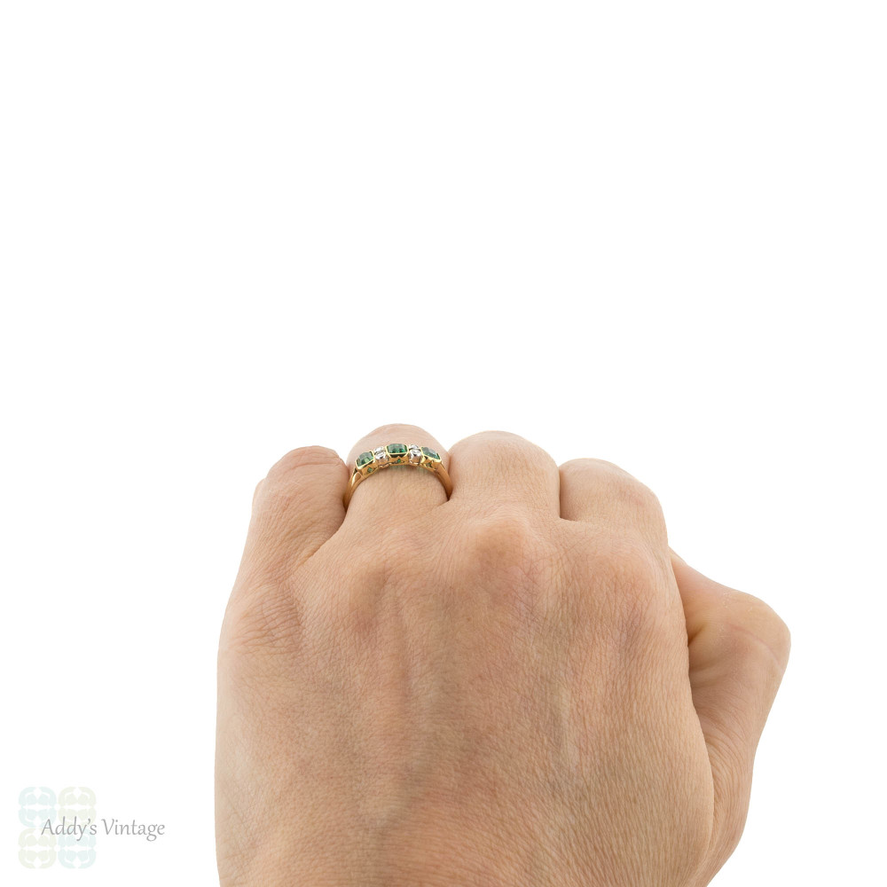 Emerald & Diamond Art Deco Ring, Three Stone Step Cut Half Hoop 18ct Gold Band.