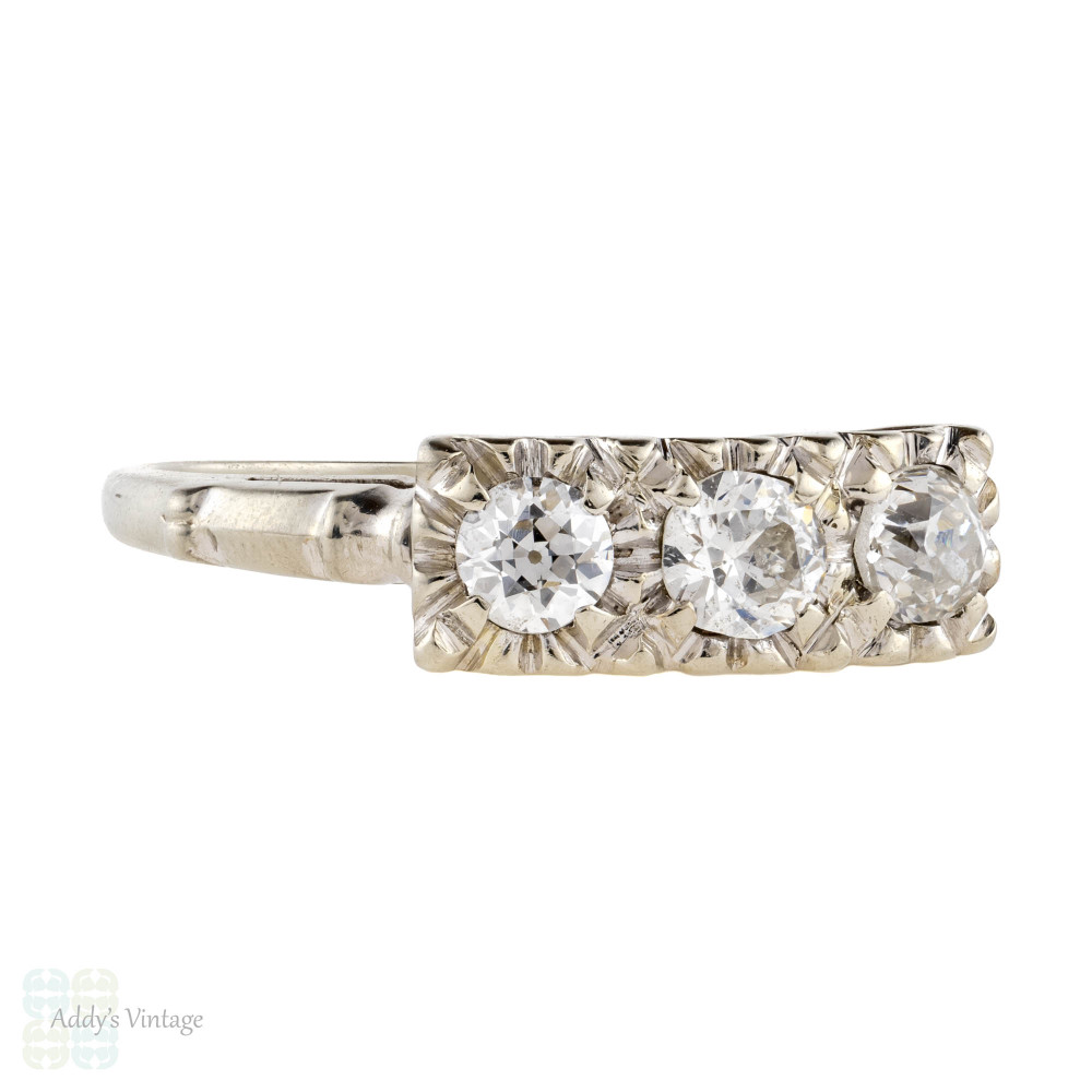 Diamond Three Stone 0.74ctw Engagement Ring, Vintage 14k White Gold 1950s Ring.