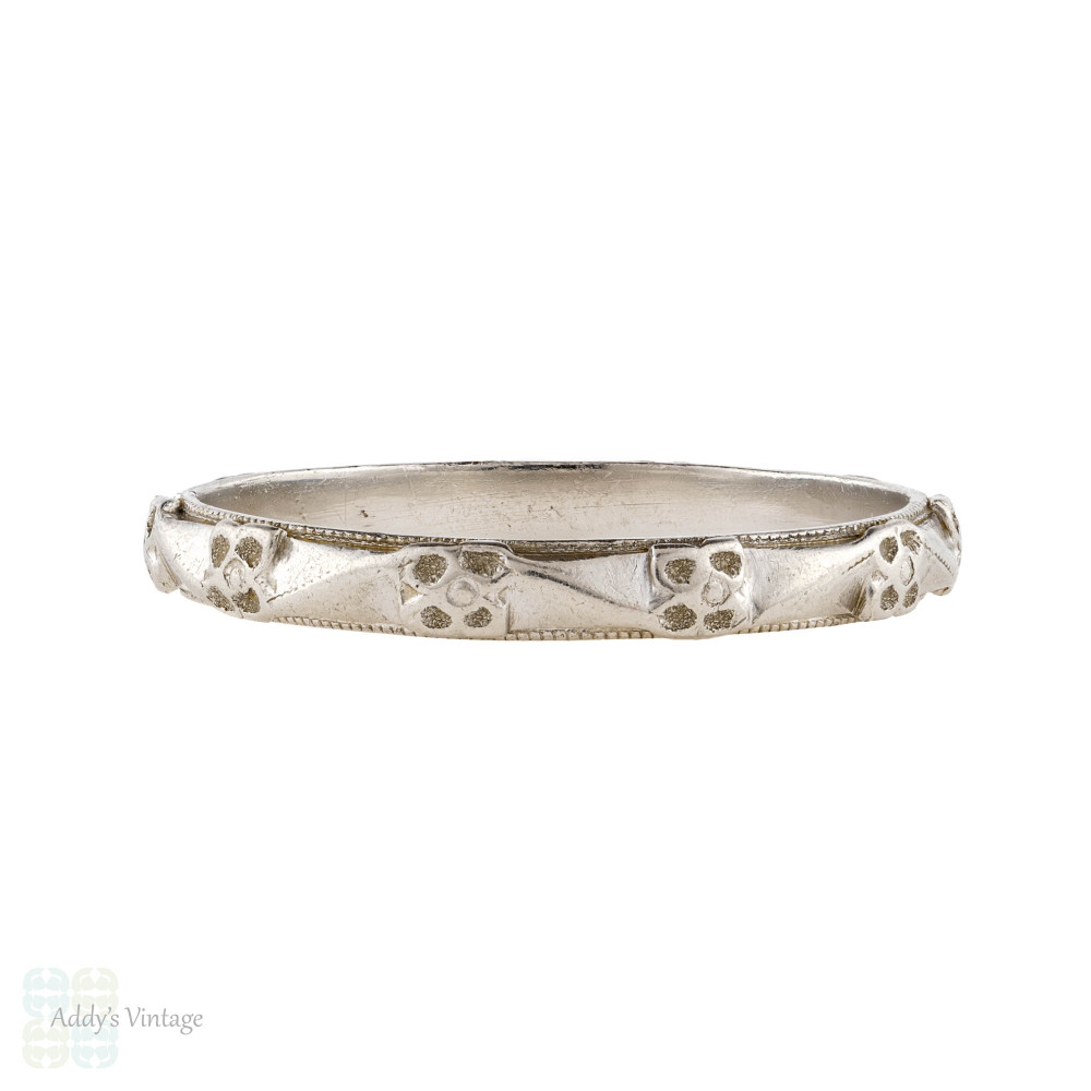 Ladies Engraved Platinum Wedding Ring, 1920s Flower Pattern Band Size L / 5.75.