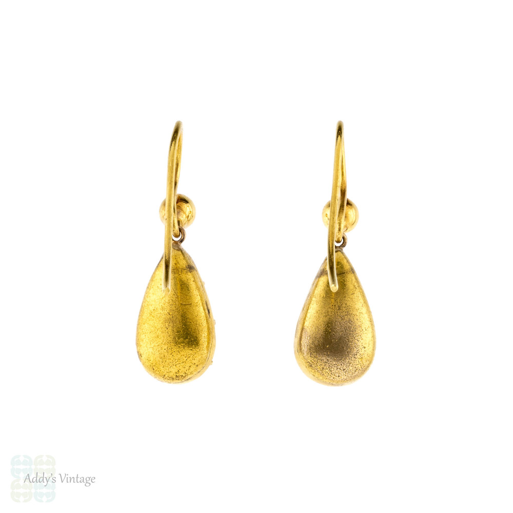 Amethyst Drop Earrings, Antique Pear Shape Pinchbeck Dangles on 9ct 9k Gold Wires.