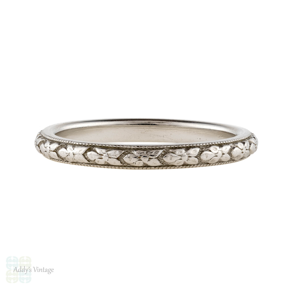 Vintage Platinum Engraved Wedding Ring, Orange Blossom Traub Flower Pattern Ladies Band. Size K / 5.25.