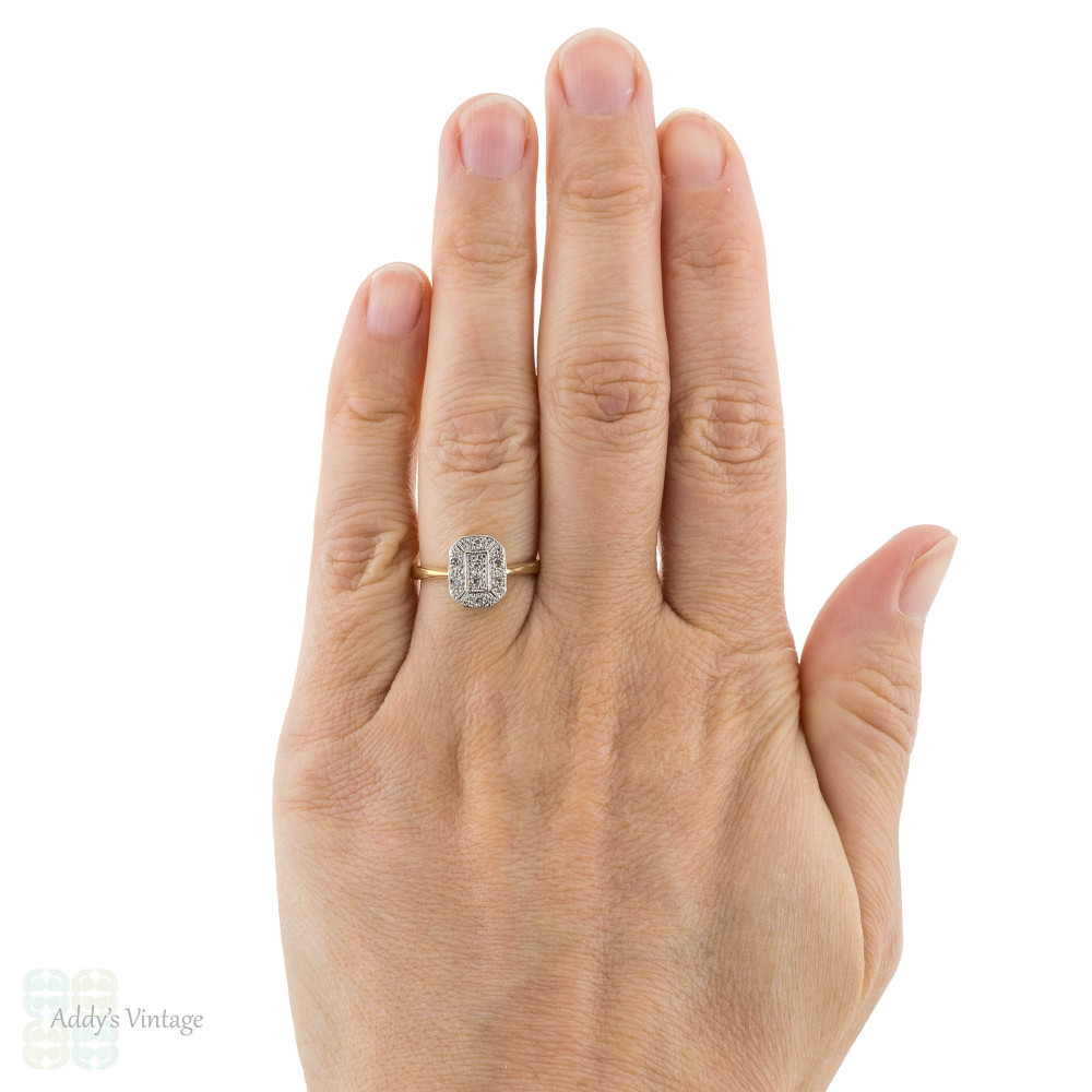 Art Deco Rectangular Diamond Cluster Ring, 18ct Vintage Diamond Engagement Ring.