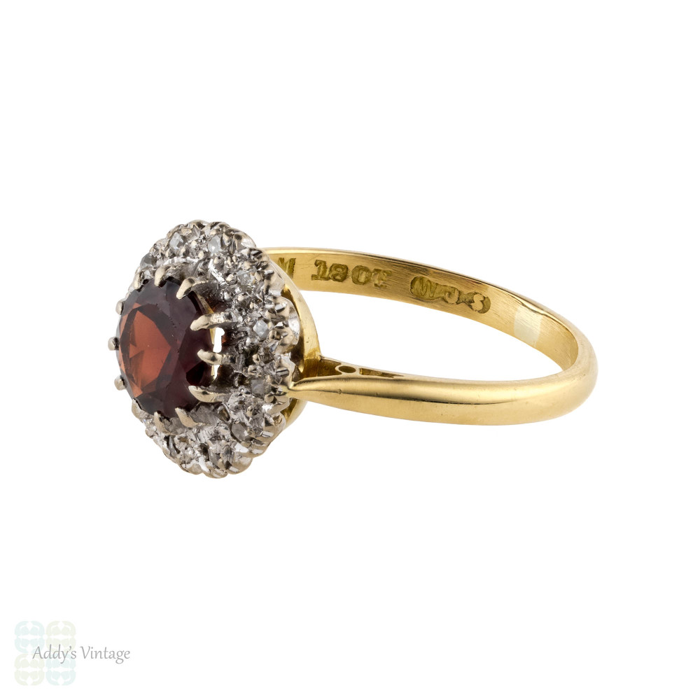 Garnet & Diamond Halo Engagement Ring, Vintage 18ct Mid Century Round Cluster Ring.