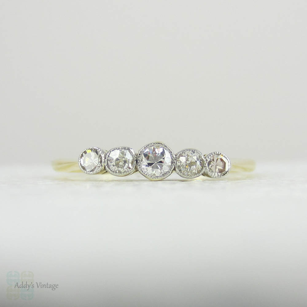 Edwardian Graduated Five Stone Diamond Ring. Half Hoop Bezel Set Diamond Engagement Ring in 18 Carat Gold.