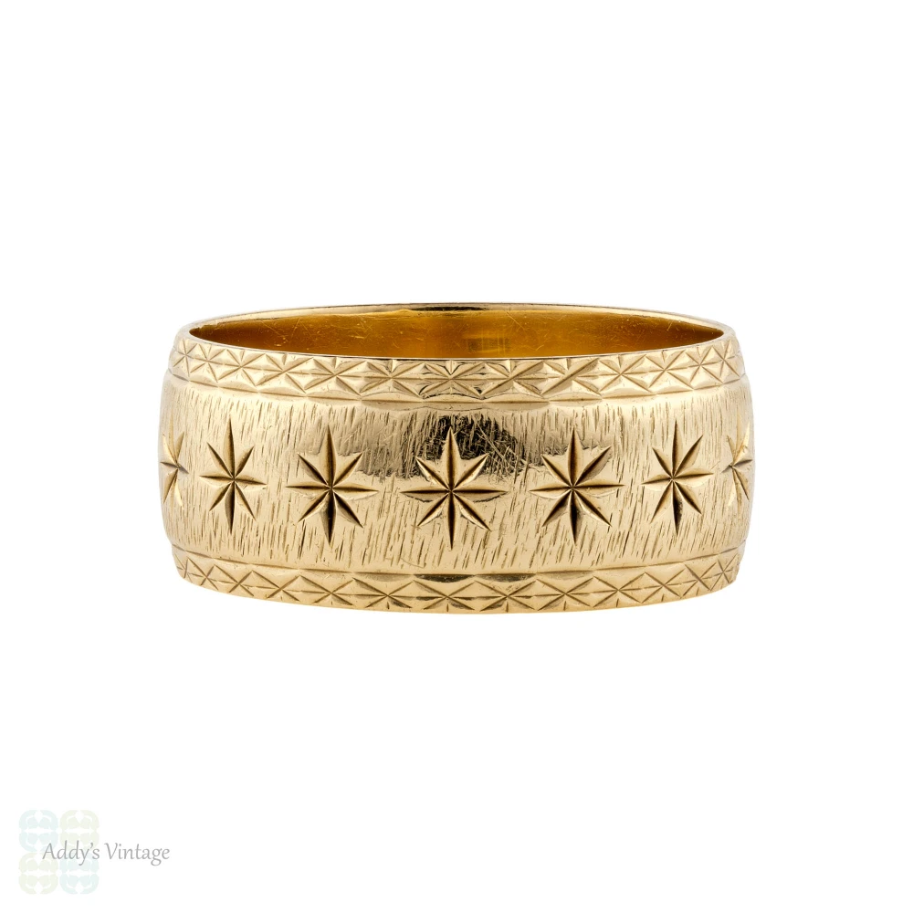 Engraved 9ct Star Men's Wedding Ring, Wide Vintage 9k Yellow Gold Band Size R / 8.5.