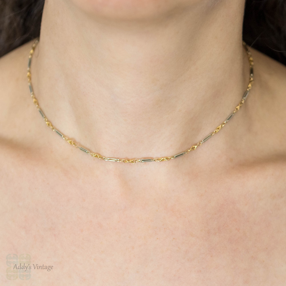 18ct & Platinum Necklace, Antique Fancy Oblong & Love Knot Links Chain. 38 cm / 15 inches.