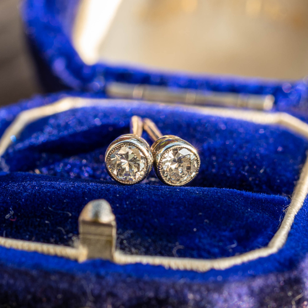 Baby Bezel Set Diamond Stud Earrings, Old Cut Diamonds in 9ct & Platinum.