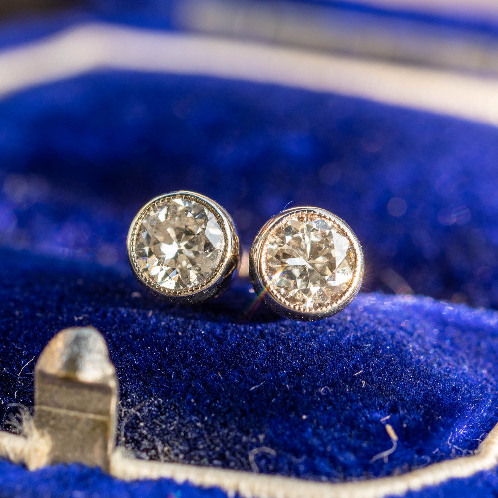 Baby Bezel Set Diamond Stud Earrings, Old Cut Diamonds in 9ct & Platinum.