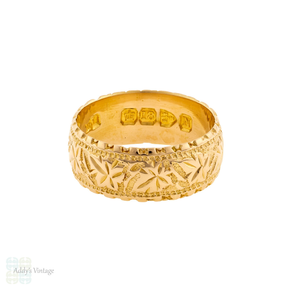 Wide 18ct Ivy Leaf Wedding Ring, Victorian Ladies 18k Gold Band, Size K / 5.25.