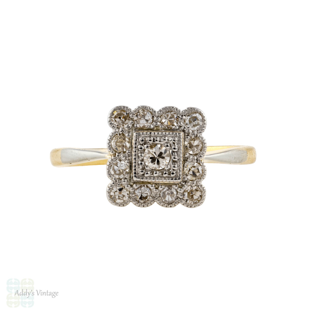 Antique Diamond Engagement Ring, 1920s Square Scalloped Edge Halo 18ct & Platinum.