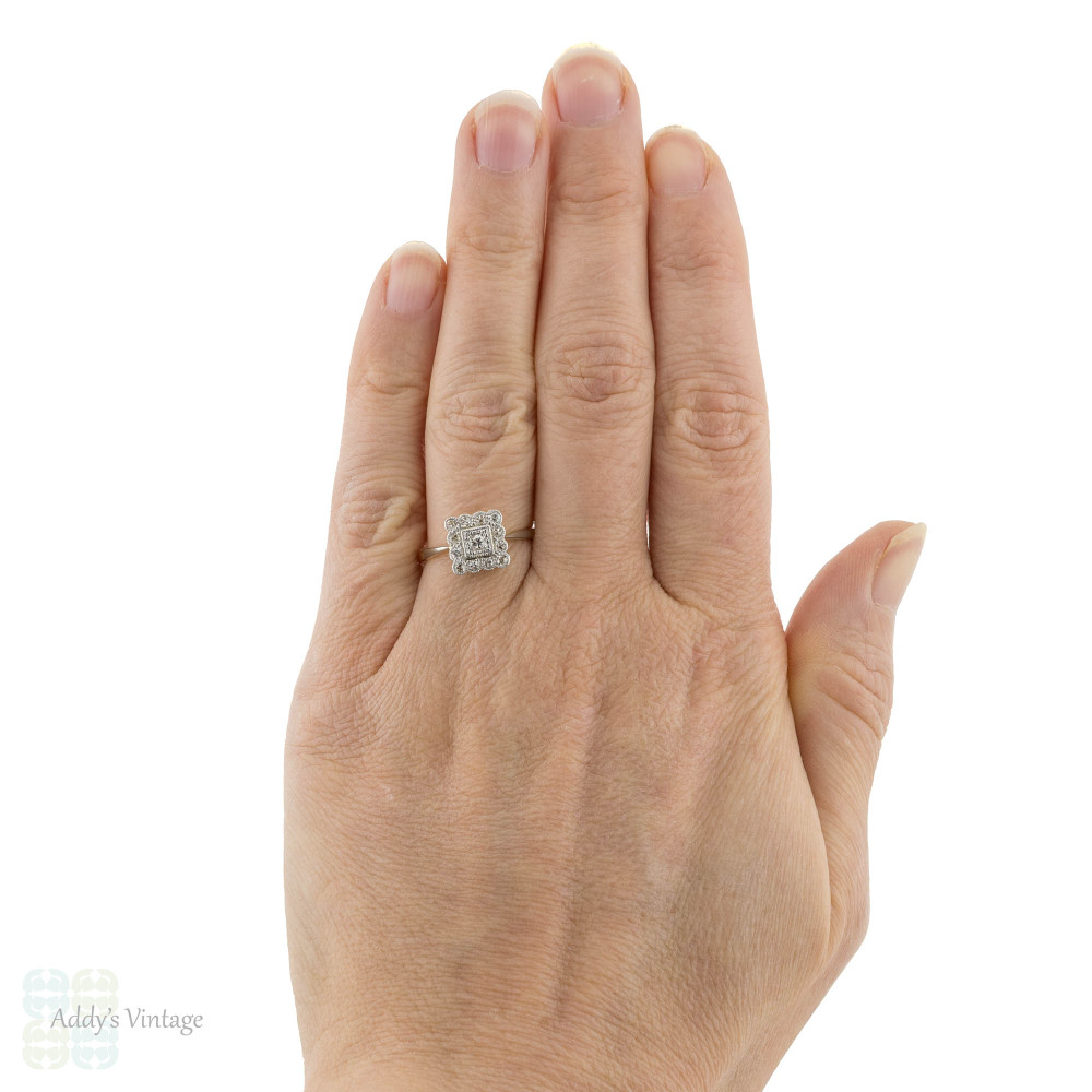 Antique Diamond Engagement Ring, 1920s Square Scalloped Edge Halo 18ct & Platinum.
