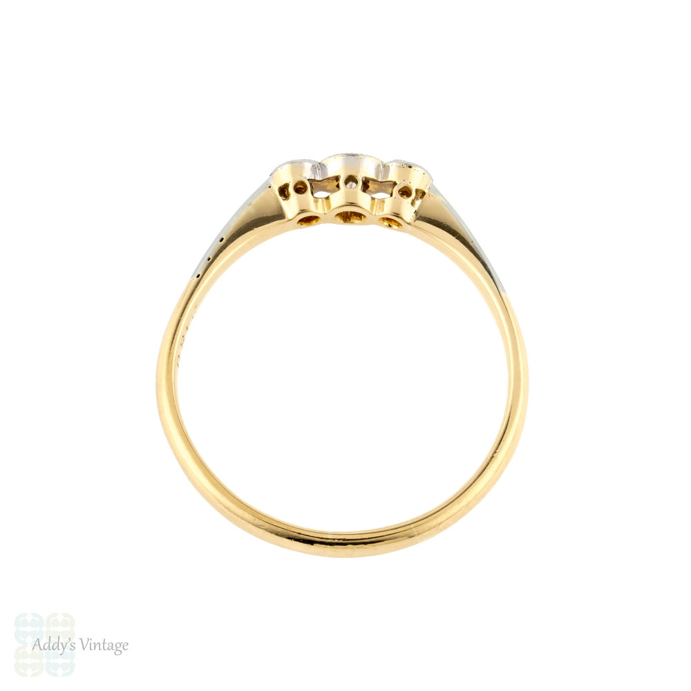 Diamond Three Stone Engagement Ring, Vintage Graduated Bezel Set 18ct & Plat Band.